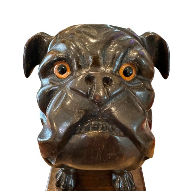 Antique French Walnut Hand Carved English Bulldog Brush Stand / Valet / Matchstick Holder With Amber Glass Eyes, Iris Apfel Owned For Sale In Dallas - Image 6 of 8
