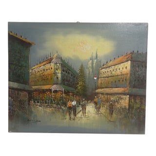 1970s Europian Street Scene Painting For Sale