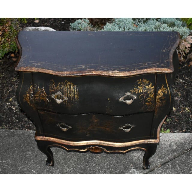 Antique Petite Bombe 2 Drawer Italian Chinoiserie Black Gold Commode For Sale In Philadelphia - Image 6 of 13
