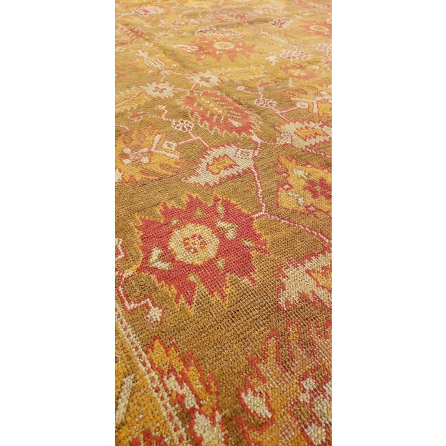 Turkish Antique Oushak Carpet, Oriental Rug, Handmade Green, Saffron, Ivory and Coral For Sale - Image 3 of 18