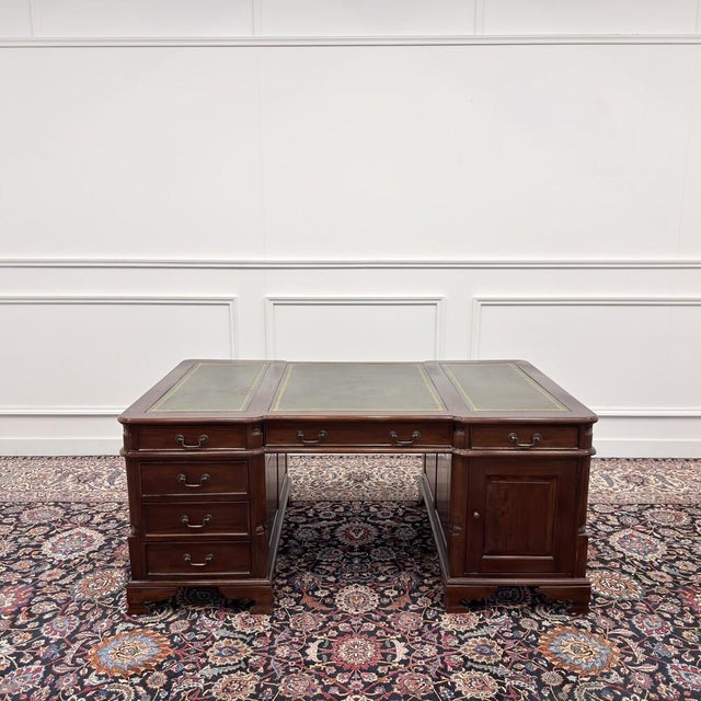 English Partner Desk in Green Leather For Sale - Image 4 of 18