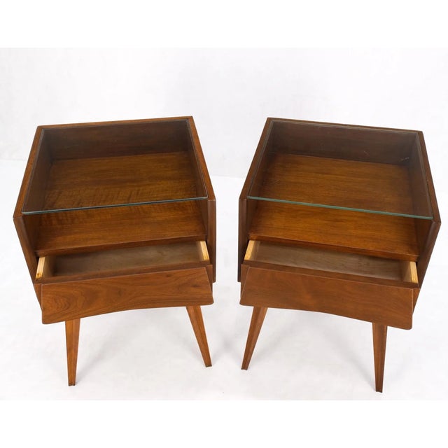 Edmond J. Spence Pair Swedish Mid Century Modern Glass Top Cube Shape End Side Tables NightStands For Sale - Image 4 of 13