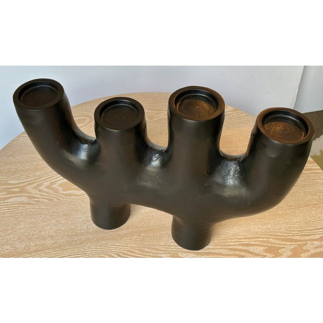 Timeless Modern Brutalist Style Black Metal 4 Pillar Candle Holder, showroom floor sample