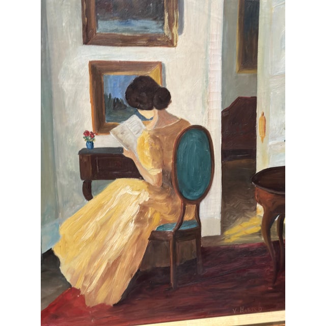 V. Hansen, Interior with Reading Woman, 1960s, Oil Painting on Canvas, Framed For Sale - Image 7 of 17