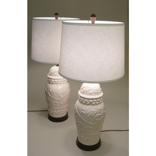 Cream 1960s XL Matched Pair Relief Cream Crackle Glazed Porcelain Ceramic Lamps Majolica Italy - a Pair For Sale - Image 8 of 11