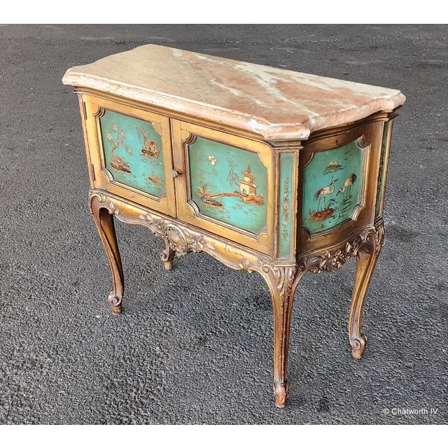 This is a fantastic antique early 20th century Italian Rococo style hand painted Chinoiserie style marble top commode...