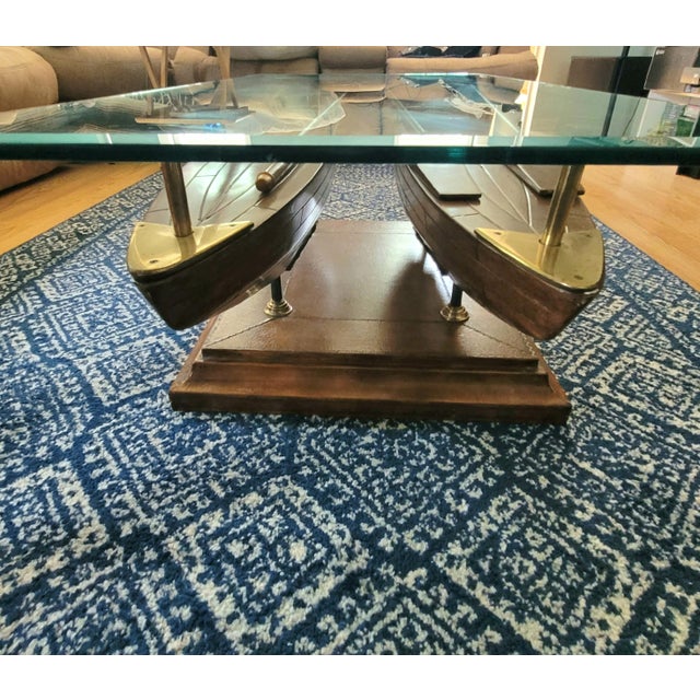 Coastal Mid 20th Century Attributed Maitland Smith Double Dory Glass Top Cocktail Table For Sale - Image 3 of 11