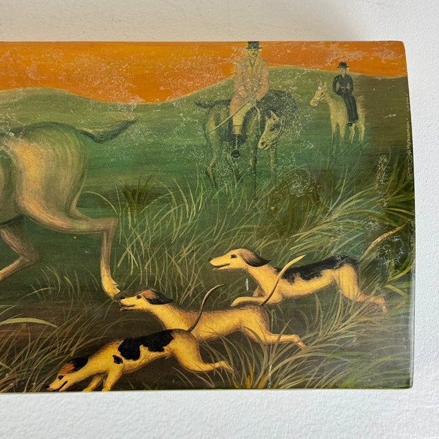 Wood An Old Vintage Elongated Keepsake Box With Horse Rider & Dogs Hunting Scene For Sale - Image 7 of 11