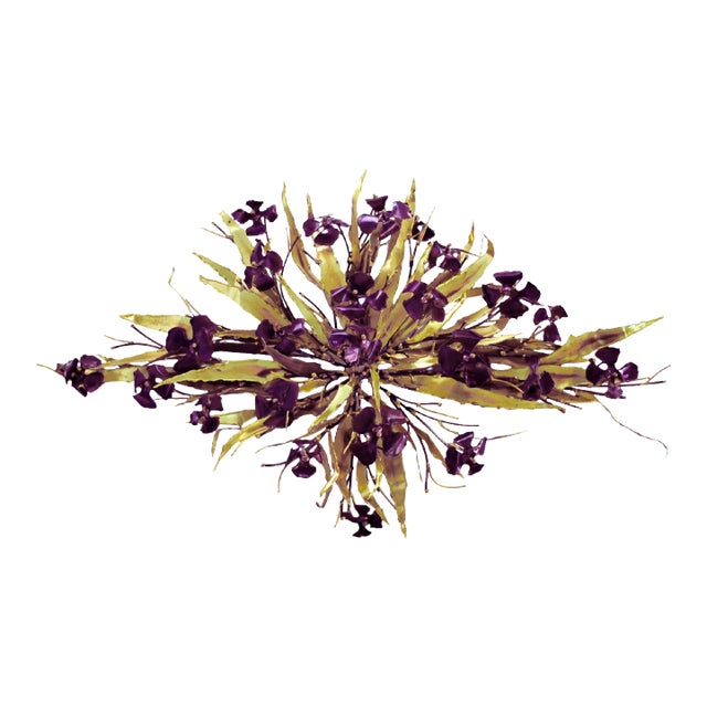 Vintage Metal Wall Sculpture Signed Stephen Vat Brass With Purple Flowers Brutalist 1970's Indoor or Outdoor For Sale