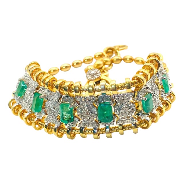 Bochic “Vintage Retro” Diamonds & Emeralds Bracelet Set In 18K Gold & Silver For Sale