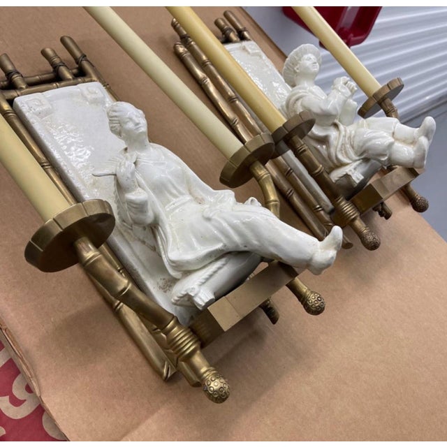 Vintage Chapman Chinoiserie Faux Bamboo Brass, Ceramic Two-Light Sconces, a Pair