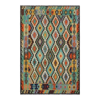 Boho Chic Kilim Blue Brown Wool Rug - 6'2" X 8'2" For Sale