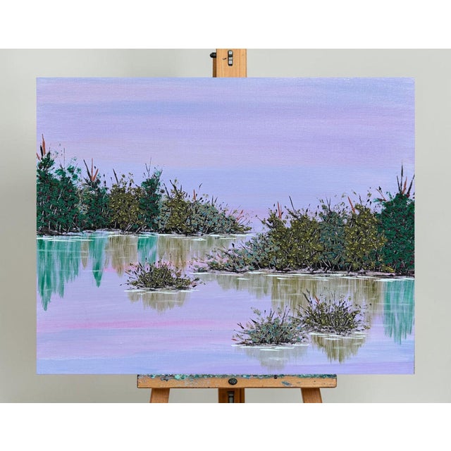 Add calming beauty to your walls with this original acrylic landscape. Featuring a sunset sky and trees in the background...