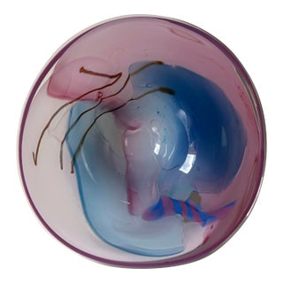 1980"s Vintage Italian Murano Pink & Blue Swirl Art Glass Centerpiece Bowl For Sale