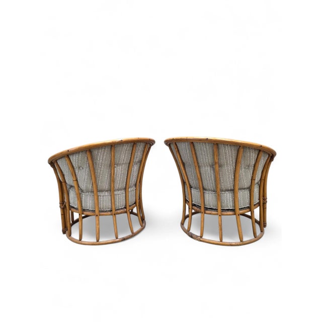 Mid 20th Century Mid-Century Modern Heywood Wakefield “Ashcraft” Bamboo Style Barrel-Back Rattan Lounge Chairs – Pair For Sale - Image 5 of 10
