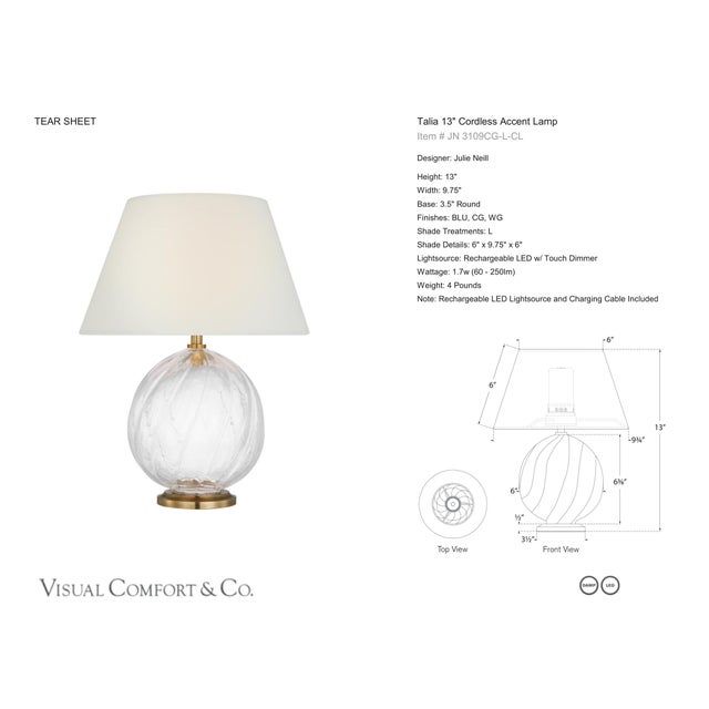 Julie Neill by Visual Comfort Signature Talia 13" Cordless Accent Lamp in Clear Glass with Linen Shade Designer: Julie...