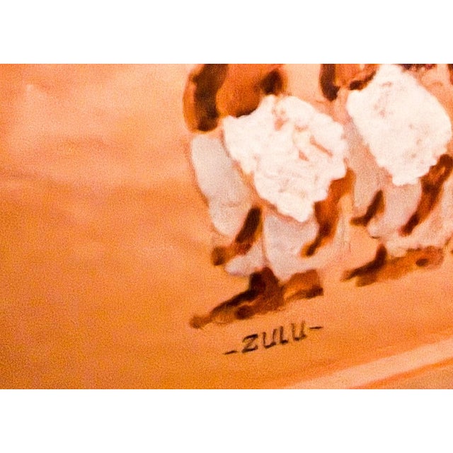 Coffee Mid 20th Century Cowhide Framed and Signed Zulu Warrior Art by JPM Silver. For Sale - Image 8 of 8