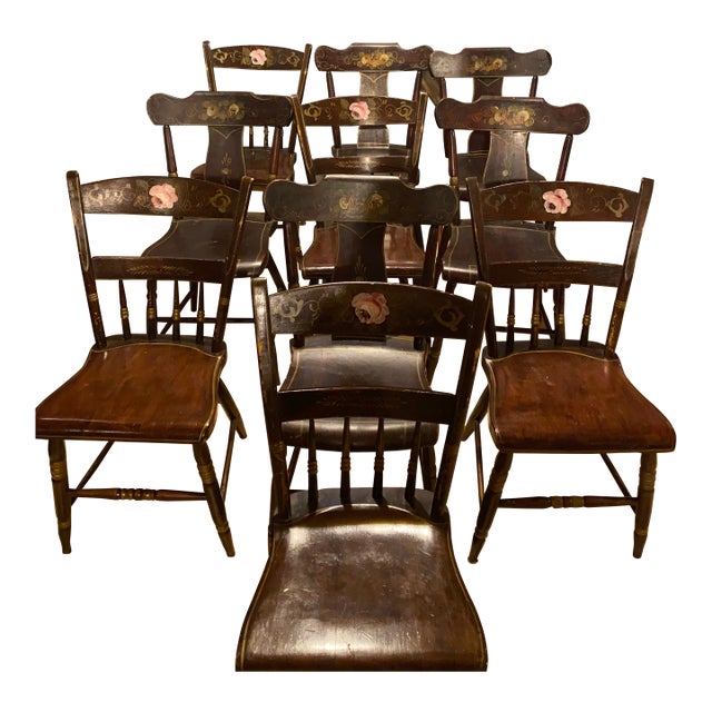 Antique 19th Century Pa Dutch Style Strong Wooden Chairs (10) For Sale