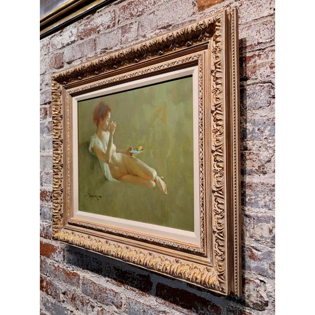 Green Joseph Bowler -Nude Model Enjoying Tea With Lemon-Oil Painting For Sale - Image 8 of 11