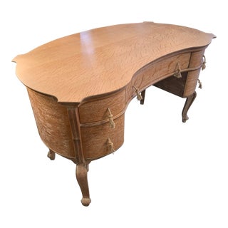 Early 20th Century Limed Oak French Desk Vanity With Rope Pulls For Sale