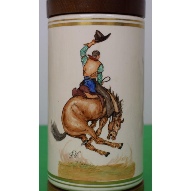 Traditional Frank Vosmansky Hand Painted Porcelain Lamp W/ Cowboy Bronco Scene For Sale - Image 3 of 5
