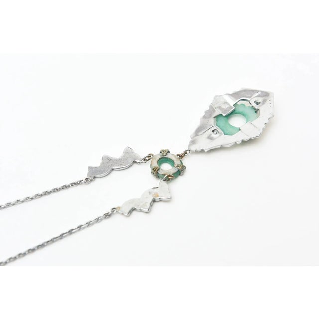 Vintage Art Deco Marcasite and Green Stone Necklace With Pendant For Sale - Image 4 of 7