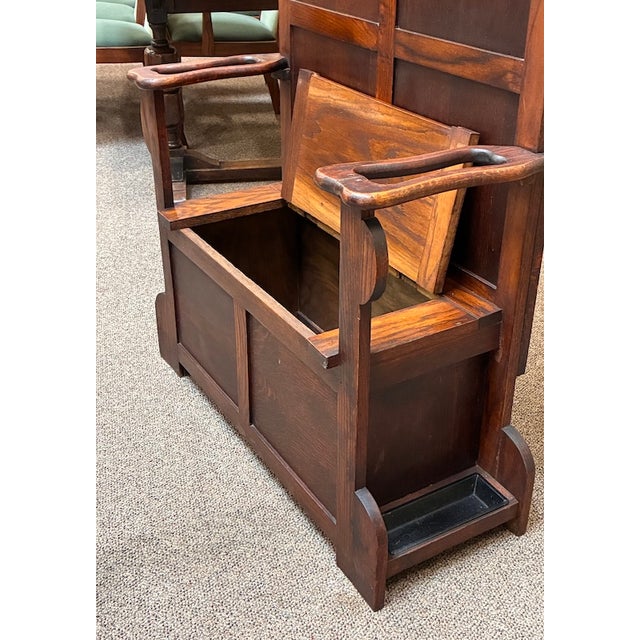 Antique English Oak Hall Tree With Lift Top Seat, Umbrella Drip Trays, Mirror & Coat Hooks c.1920 For Sale - Image 4 of 8