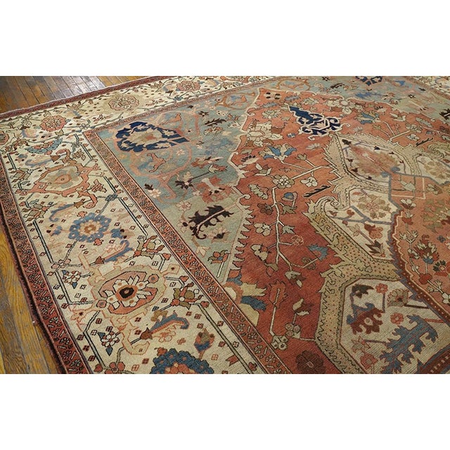 Persian 1880s Ivory Salmon Medallion Antique n.w. Persian Serapi Rug 116" X 15'10" Handknotted Wool Carpet For Sale - Image 3 of 9