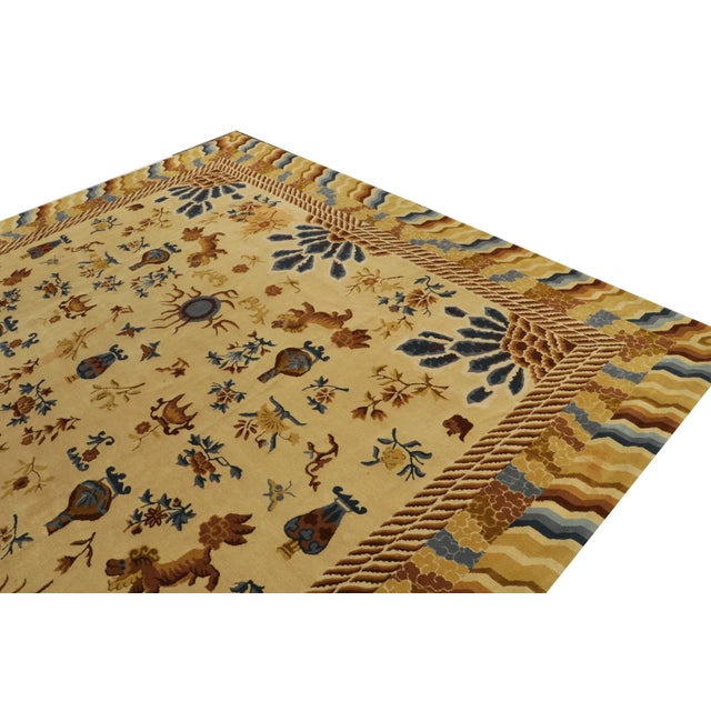 1920s Antique Hooked Rug Gold, Blue and Beige-Brown Chinese Pictorial Style For Sale - Image 5 of 9