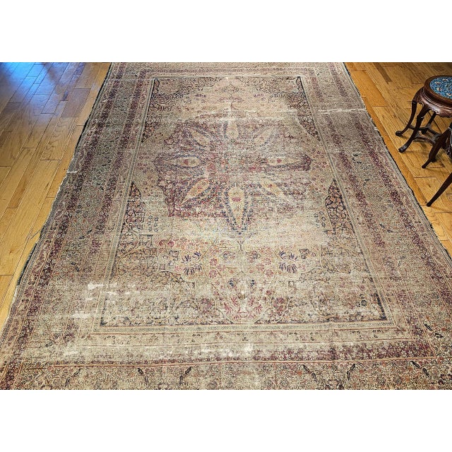19th Century 19th Century Persian Kerman Lavar Rug, Hand-Knotted Wool, Floral Pattern, Ivory & Burgundy, 9x13 For Sale - Image 5 of 15