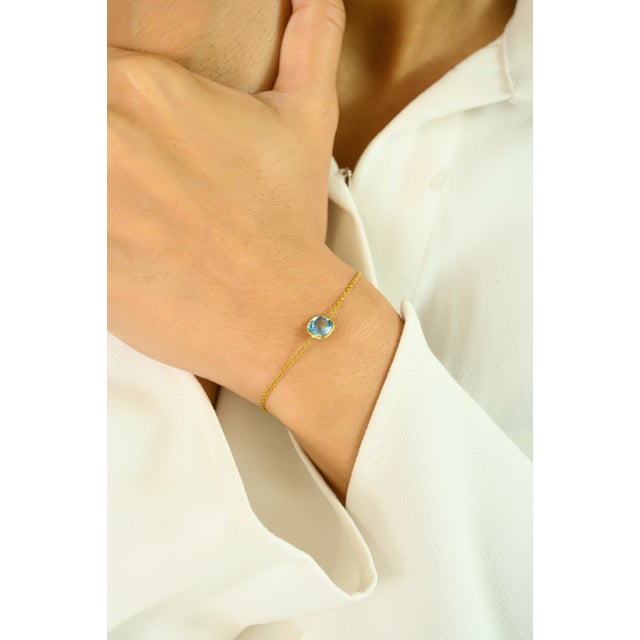 Solitaire Bezel Set Blue Topaz 14k Gold Chain Bracelet For Sale - Image 4 of 10