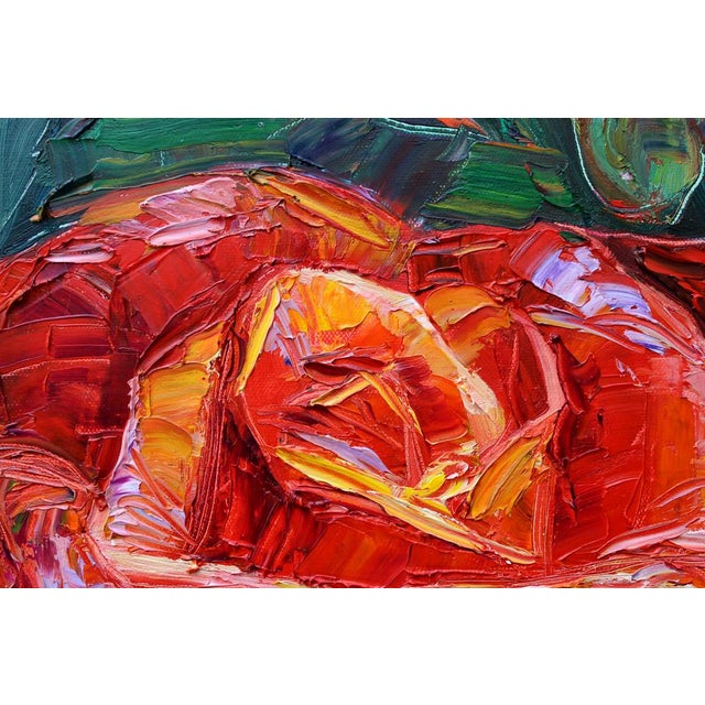 Original oil painting 20x16 of vibrant scarlet red rose in it's natural environment. Painted with brush and palette knife....