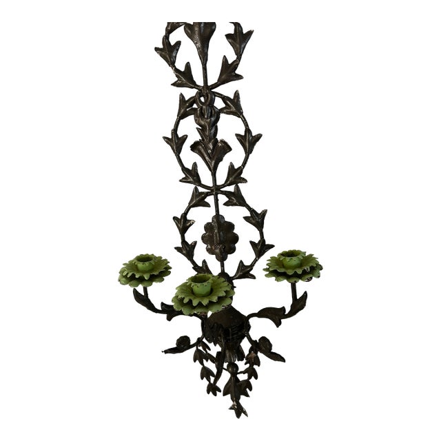 Antique Wrought Iron and Tole Wall Sconce For Sale