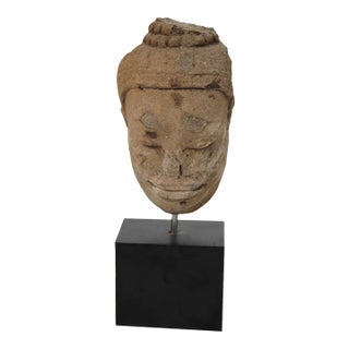 Antique Hand Carved Sandstone Buddha Head Statute on Stand For Sale