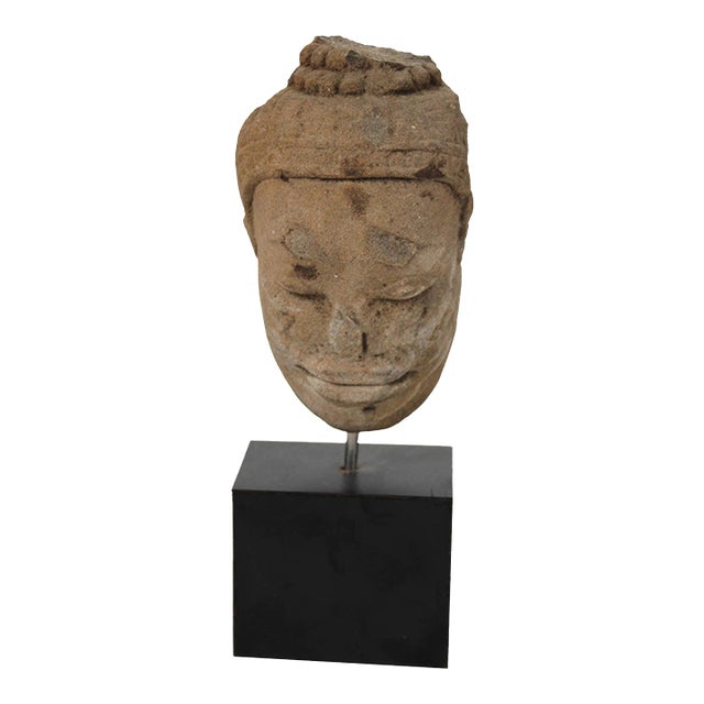 Antique Hand Carved Sandstone Buddha Head Statute on Stand For Sale