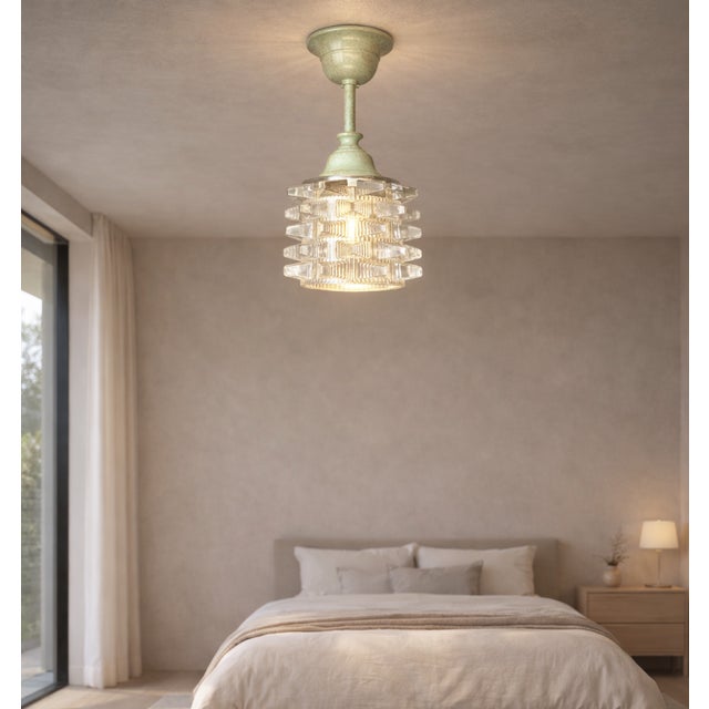 Small Geometrical Pressed Glass Semi-Flush Mount, 1970s For Sale - Image 4 of 12