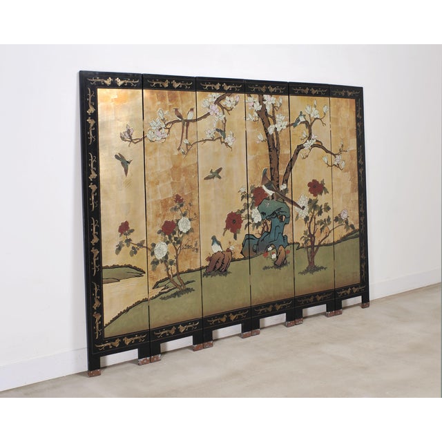 Chinese Export Six-Panel Gilt Landscape Coromandel Screen 8 Ft For Sale - Image 9 of 18