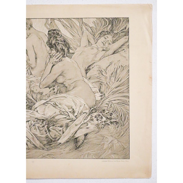 Illustration 1905 French Art Nouveau Illustration - Alphonse Mucha, Three Figures in Grass ('Figures Decoratives,' Plate #33) For Sale - Image 3 of 3