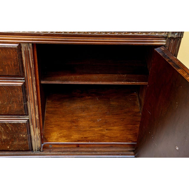 Late 18th Century Carved Walnut Victorian Tudor Style Sideboard Cabinet With Burl Panels, Fluted Columns, Foliate Band and Bun Feet For Sale - Image 9 of 9