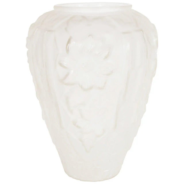 Art Deco Relief Frosted Glass Vase with Cubist Floral and Geometric Design For Sale - Image 9 of 9