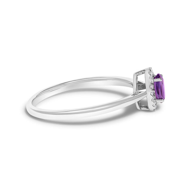 Contemporary 10K White Gold 5X3MM Oval Purple Amethyst and Diamond Accent Halo Ring (I-J Color, I1-I2 Clarity) - Ring Size 5 For Sale - Image 3 of 7