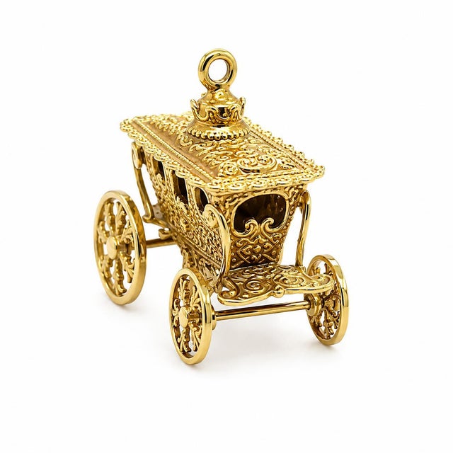 Intricate 14k yellow gold charm in the shape of a detailed carriage with movable wheels. 9.48g