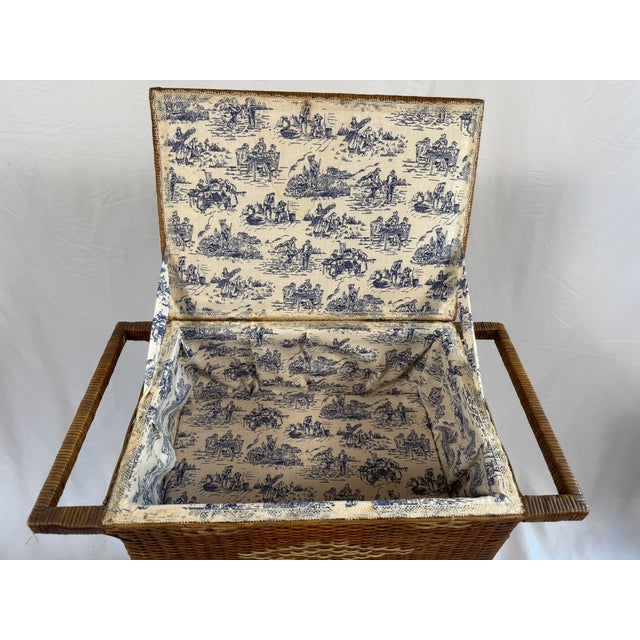 Brown Antique Victorian Wicker Rattan Sewing Stand | Lift-Top Toile Lined, Two Drawers | Edwardian Work Table, 31in For Sale - Image 8 of 18