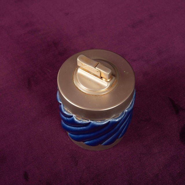 Blue Glazed Ceramic and Brass-Toned Metal Table Lighter by Tommaso Barbi, 1970s For Sale - Image 15 of 17