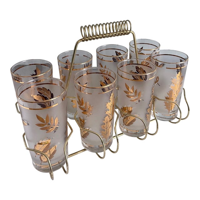 Mid Century Highball Glasses Libbey Frosted W 22 Karat Gold Leaf, Set of 8 With Caddy For Sale