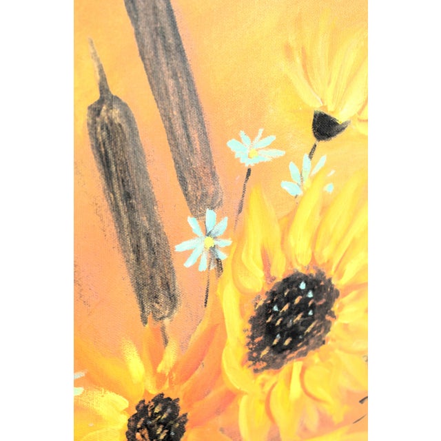 Mid-Century Still life oil painting of sunny yellow daisy's and cattails. Desirable golden color hue. Signed lower right.
