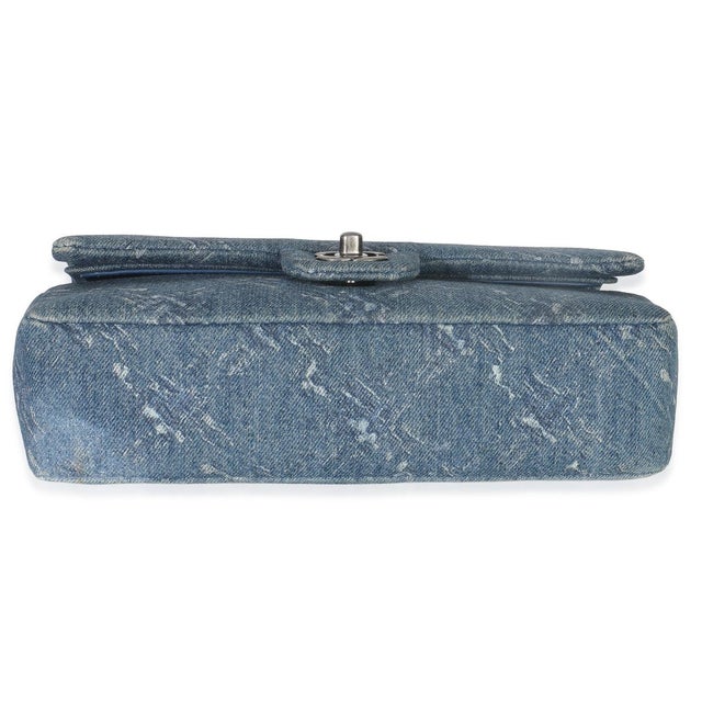 2010s Blue Bleached Chain Printed Denim Medium Classic Double Flap Bag For Sale - Image 5 of 9