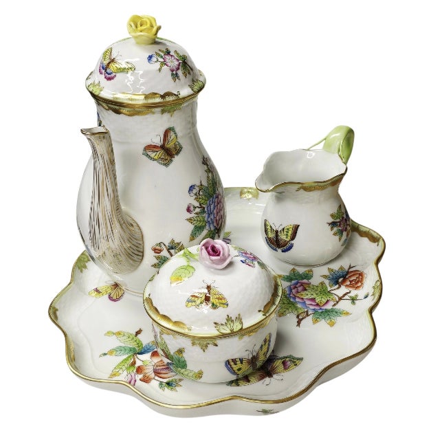 Victorian Vintage Herend Queen Victoria Vbo Hand-Painted Porcelain Tea & Coffee Service - Set of 4 For Sale - Image 3 of 18