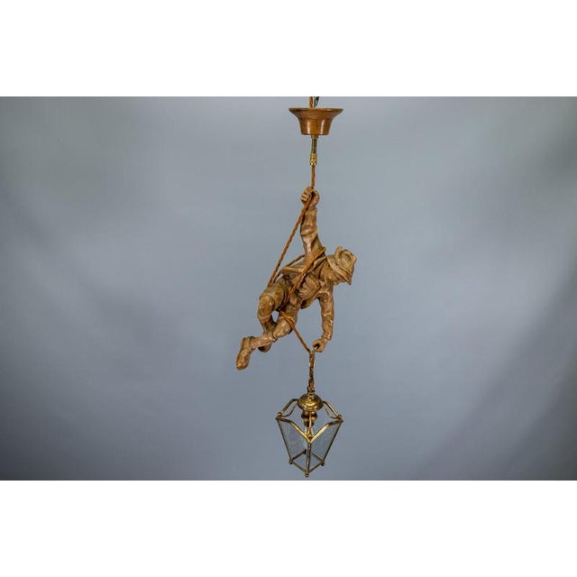 Brown German Carved Linden Wood Mountaineer with Brass Lantern, 1950s For Sale - Image 8 of 18