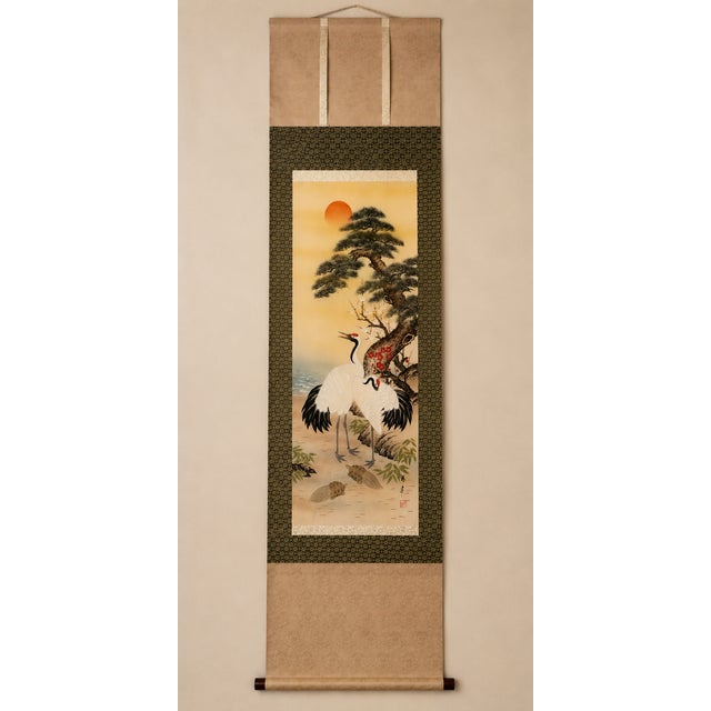 Japanese Vintage Japanese Kakejiku Hanging Scroll With Cranes, Turtles, Pine and Plum Blossoms For Sale - Image 3 of 8